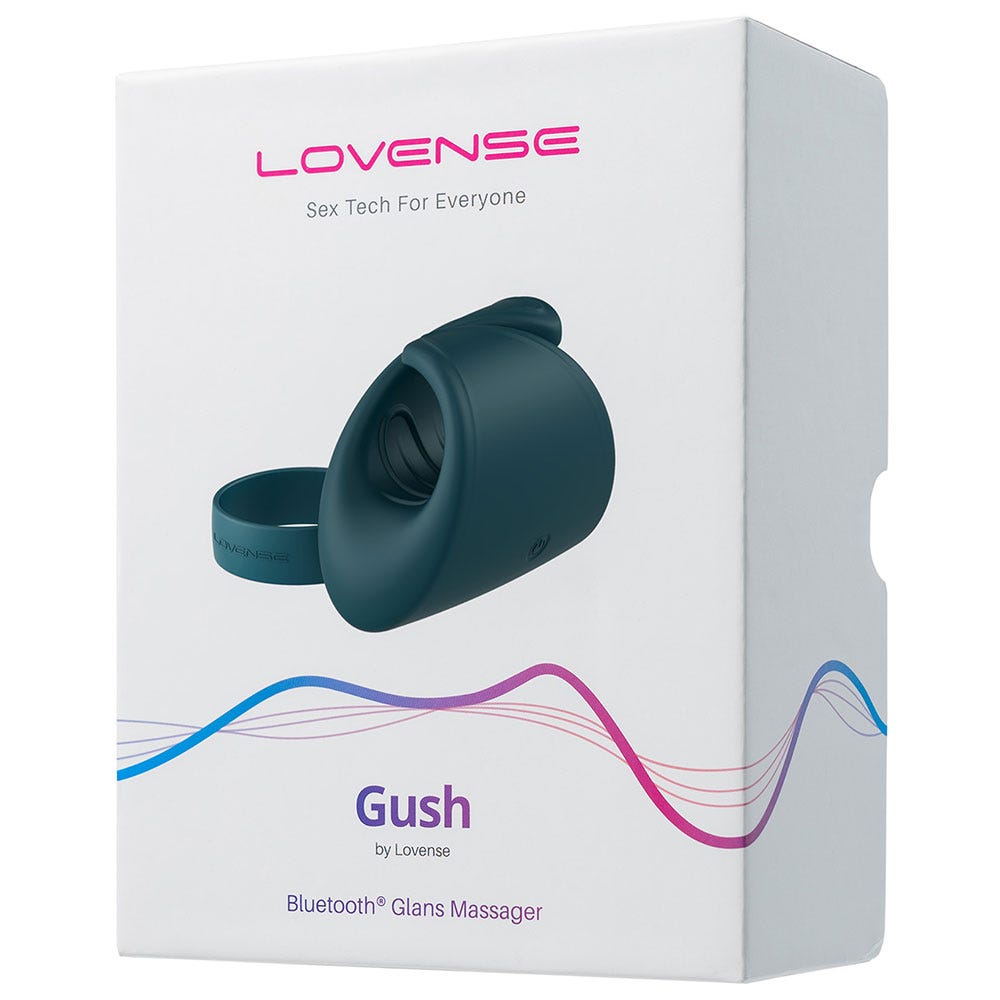 Lovense Gush Glans Massager produktförpackning mot vit bakgrund.