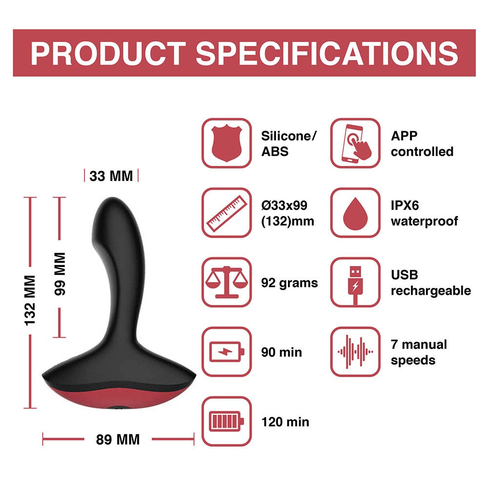 Magic Motion Solstice Prostate Vibrator specifikationer mot vit bakgrund.