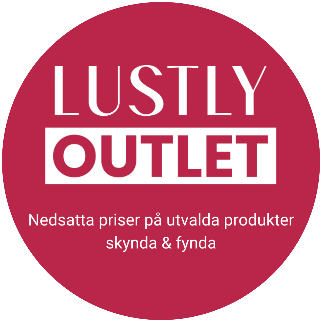 En röd cirkel med texten LUSTLY OUTLET på