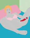 Illustration på en liggandes kvinna som använder Fun Factory Ohhh Box vibrator för att stimulera sin klitoris. Grön bakgrund.