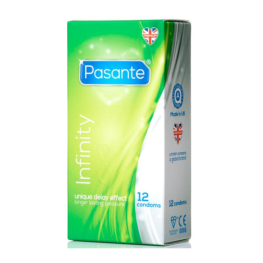 Pasante Infinity 12-pack Delay Kondomer mot vit bakgrund. Köp på lustly.se