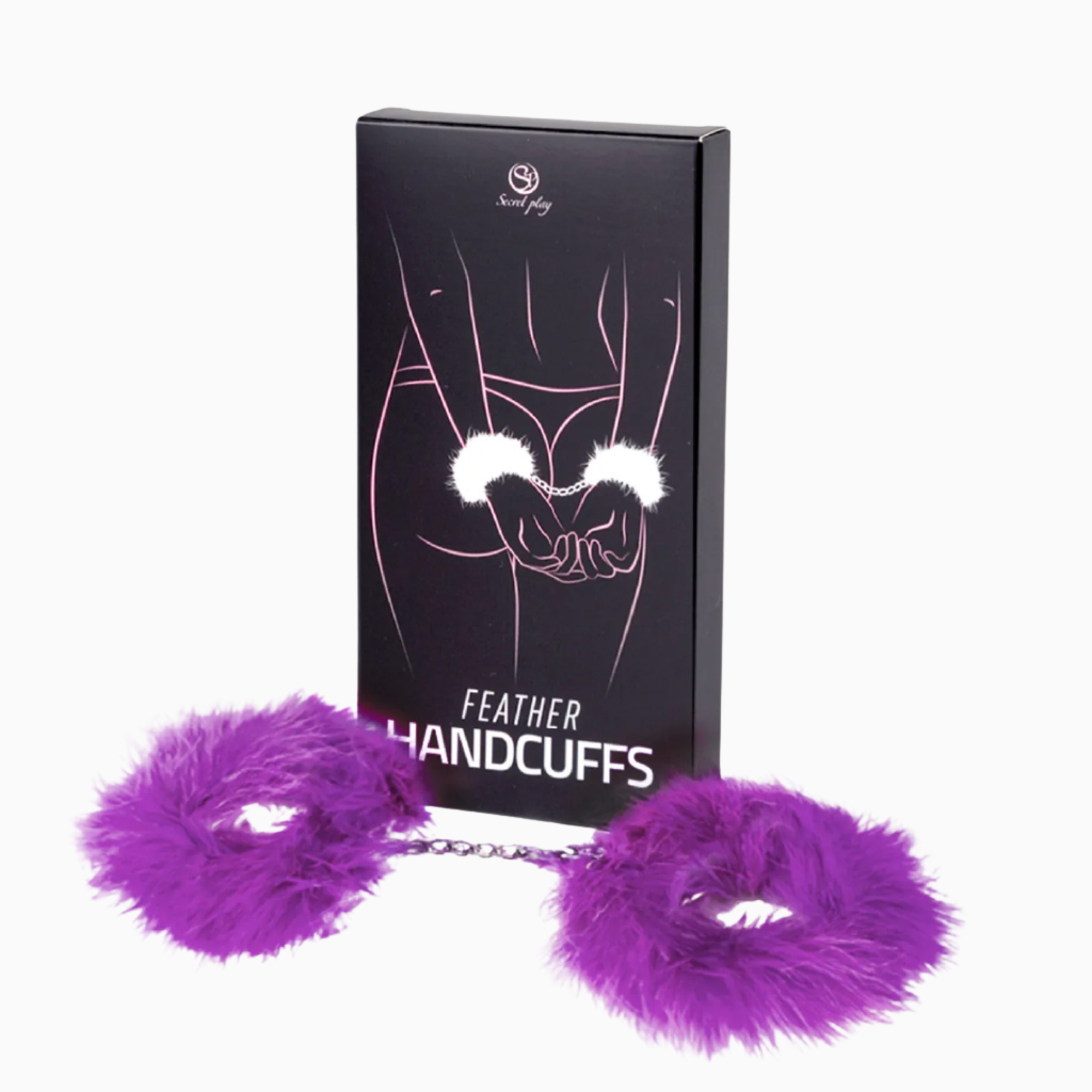 Secret Play Fuzzy Handcuffs i lila – mjuka fjäderklädda handbojor med kromad kedja