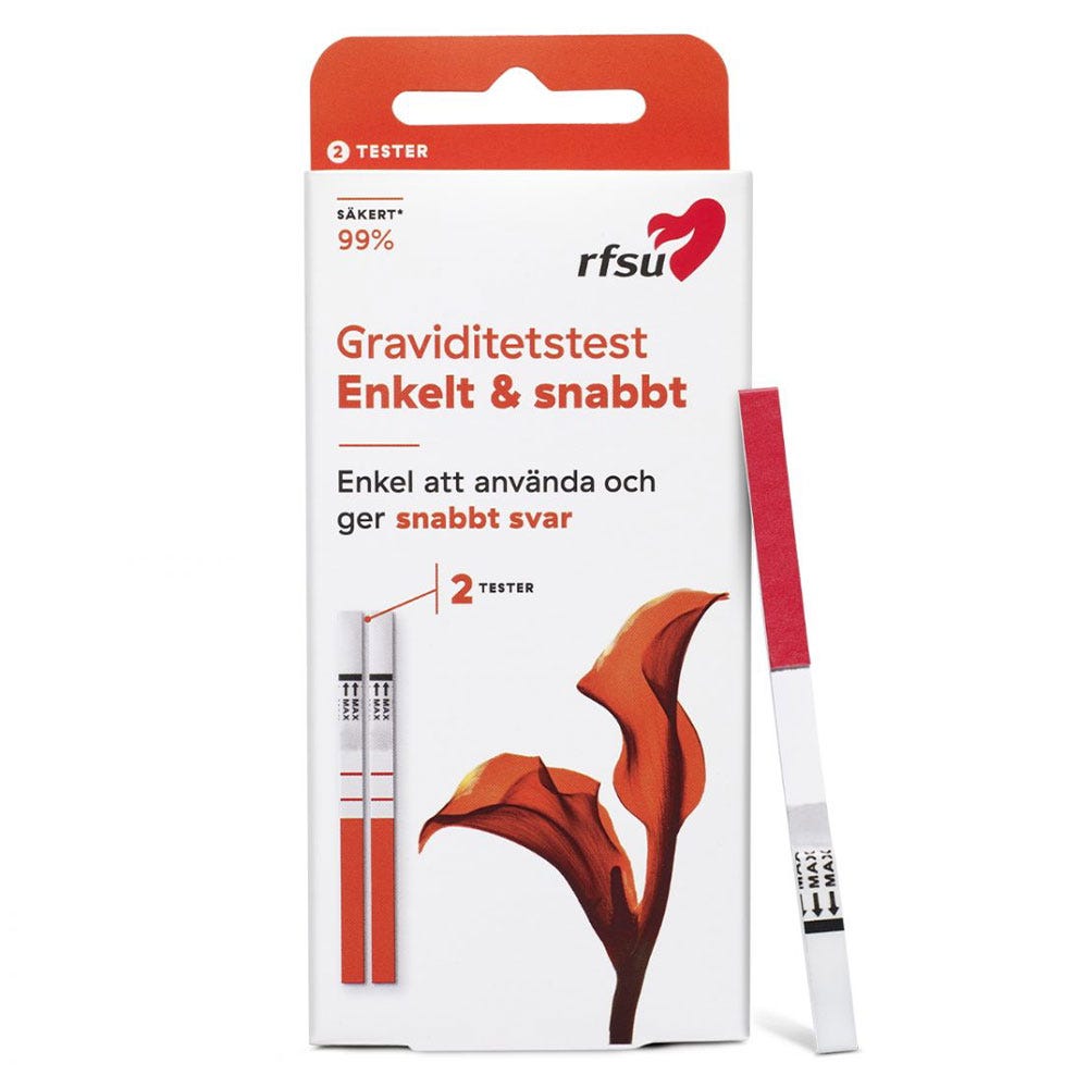 RFSU Graviditetstest 2-pack produktförpackning och graviditetstest mot vit bakgrund.