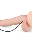 Liggande RF Elvin Realistic Vibrating Dildo från vänster sida. Svart sladd från produkten. Vit bakgrund.