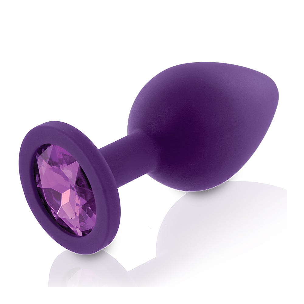 Rianne S Booty Butt Plug Set Lila analplugg med lila sten mot vit bakgrund.