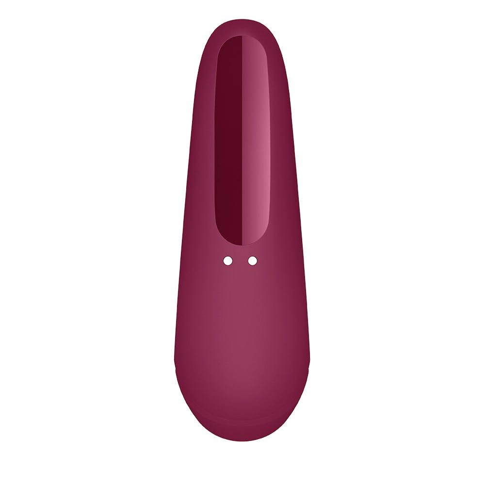 Baksida av Satisfyer Curvy 1+ Rose Red Appstyrd Lufttrycksvibrator mot vit bakgrund.