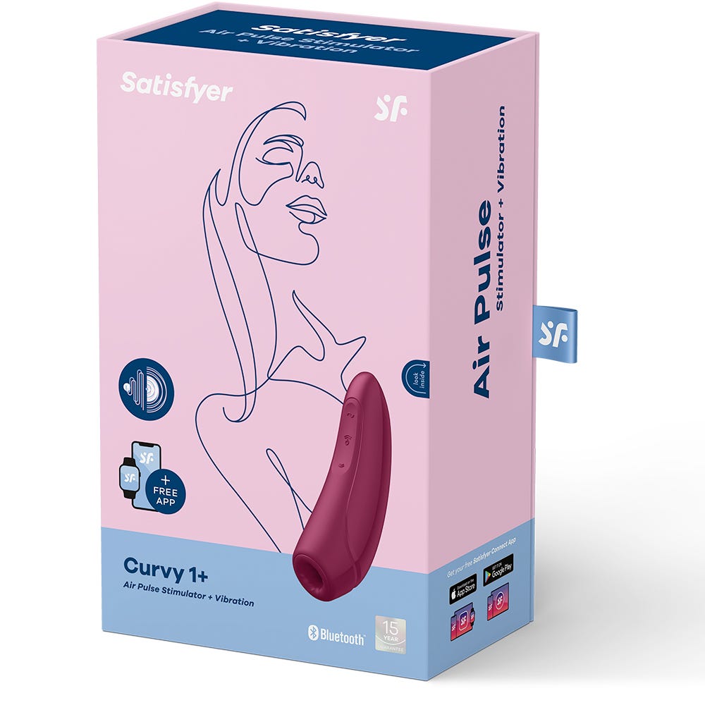 Satisfyer Curvy 1+ Rose Red Appstyrd Lufttrycksvibrator förpackning mot vit bakgrund.