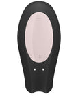 ovansidan av Satisfyer Double Joy Black Appstyrd Parvibrator. Med ett plus och en minusknapp.