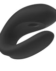 Satisfyer Double Joy Black Appstyrd Parvibrator snett underifrån. I mattsvart färg mot vit bakgrund.