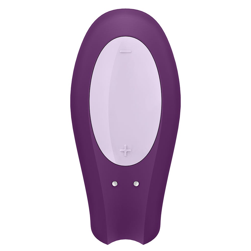 ovansidan av Satisfyer Double Joy Violet Appstyrd Parvibrator med plus och minusknapp i ljusare färg.