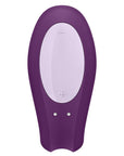 ovansidan av Satisfyer Double Joy Violet Appstyrd Parvibrator med plus och minusknapp i ljusare färg.