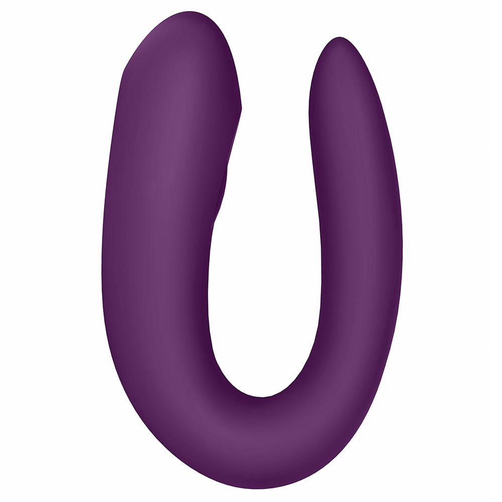 Satisfyer Double Joy Violet Appstyrd Parvibrator i sidvy. U-form mot vit bakgrund.