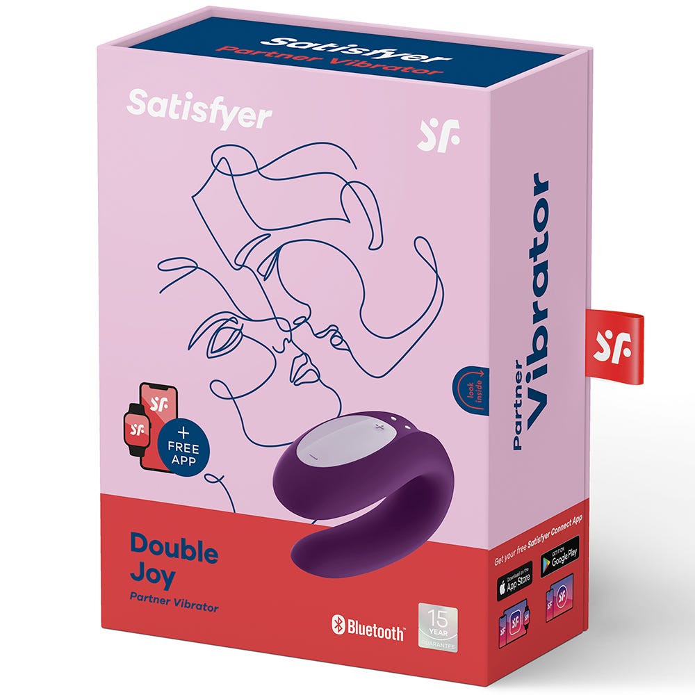 förpackningen av Satisfyer Double Joy Violet Appstyrd Parvibrator. Rosa kartong och röda detaljer.