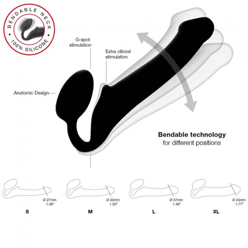 Specifikationer på Bendable Strap-On Medium mot vit bakgrund.