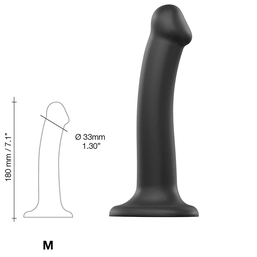 Dimensioner på Dual Density Bendable Dildo M mot vit bakgrund.