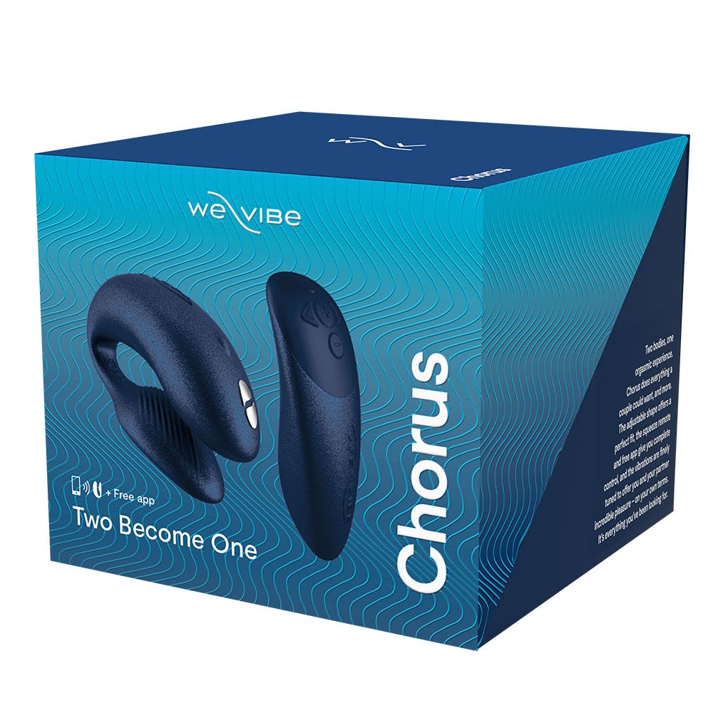 förpackningen till We-Vibe Chorus Cosmic Blue Samlagsvibrator. Blå kartong med vit text.