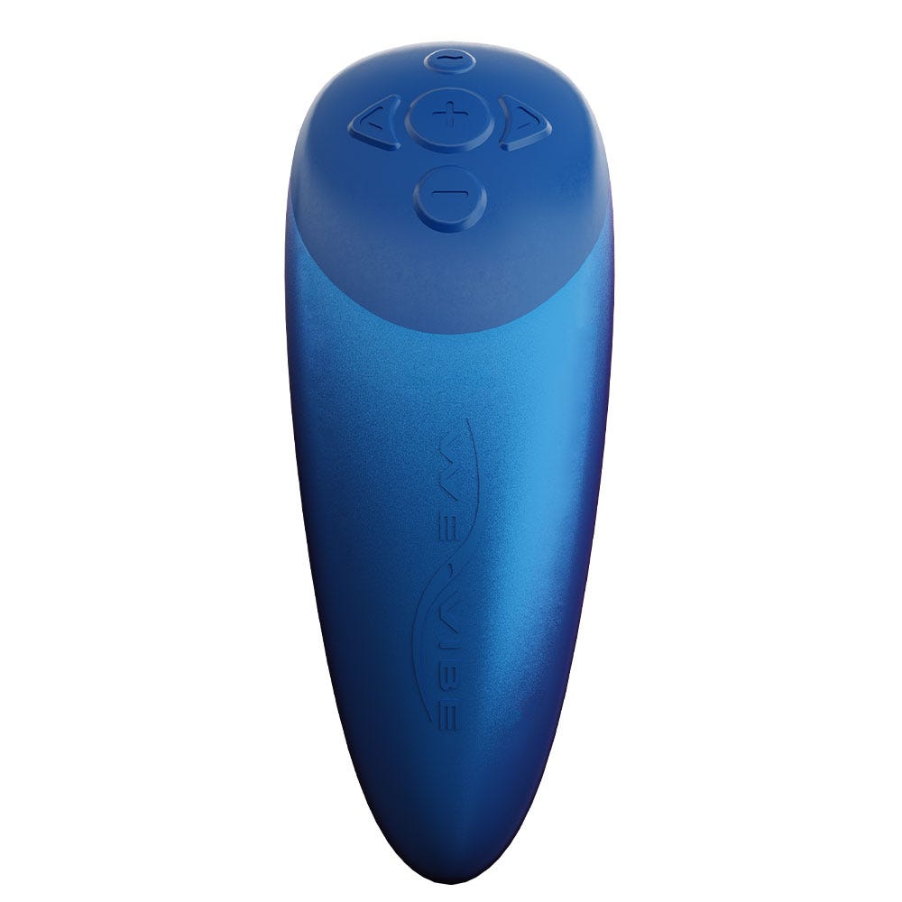 Fjärrkontrollen till We-Vibe Chorus Cosmic Blue Samlagsvibrator. Blå färg med fem knappar och logga.