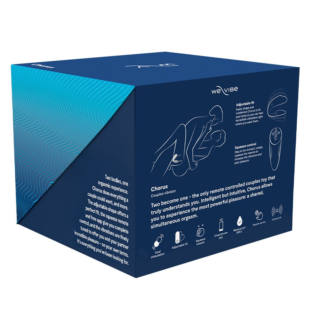 baksidan av förpackningen till We-Vibe Chorus Cosmic Blue Samlagsvibrator. Blå kartong med vit text.