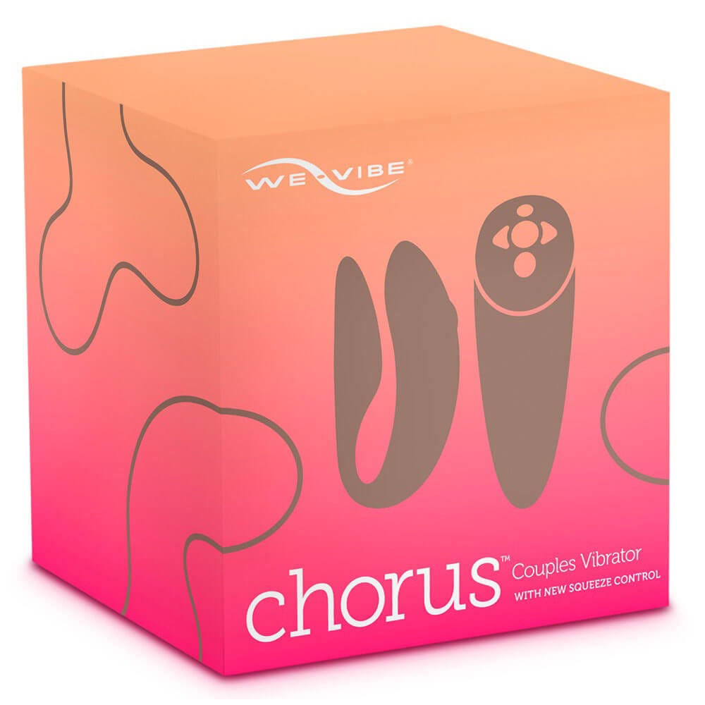 förpackning till We-Vibe Chorus Cosmic Pink Samlagsvibrator. Orange och rosa kartong med grå detaljer.