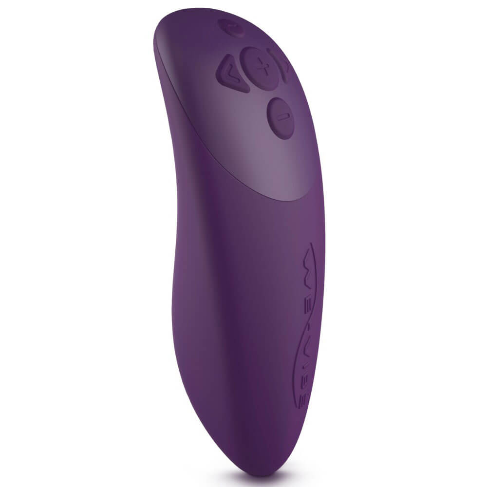 fjärrkontrollen till We-Vibe Chorus Purple Samlagsvibrator. Lila med fem knappar och logga.