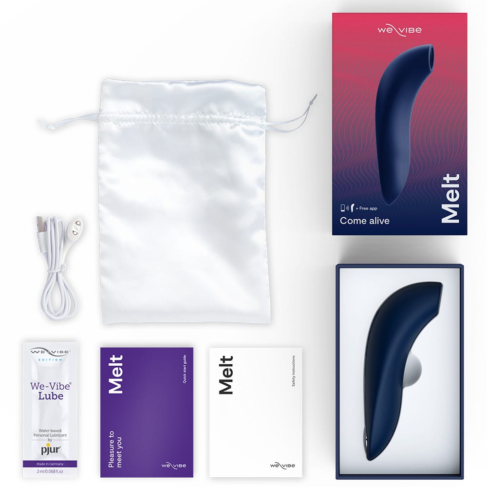 We-Vibe Melt Blue Appstyrd Lufttrycksvibrator med tillbehör som medföljer. Laddare, glidmedel, förvaringspåse och manual. 