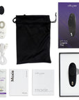 We-Vibe Moxie Satin Black Trosvibrator och tillbehör mot vit bakgrund.