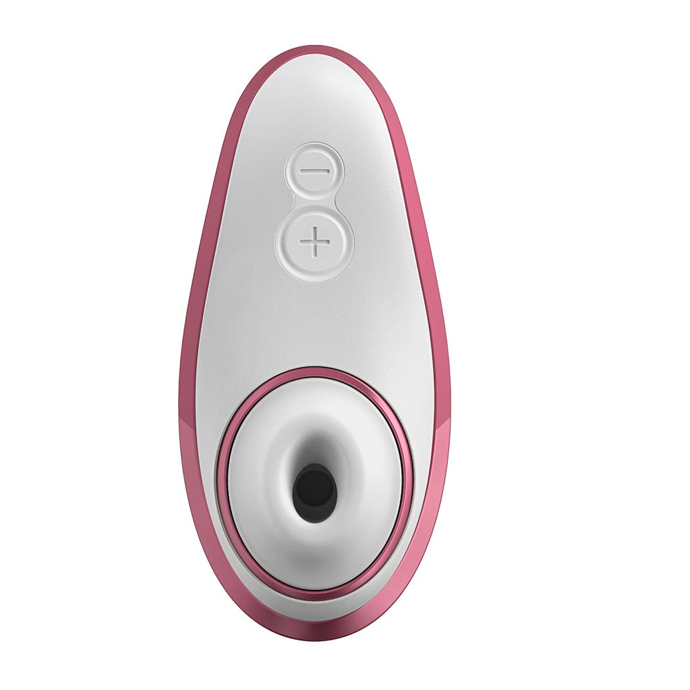 Framsida av Womanizer Liberty Pink Rose lufttrycksvibrator med knappar mot vit bakgrund.