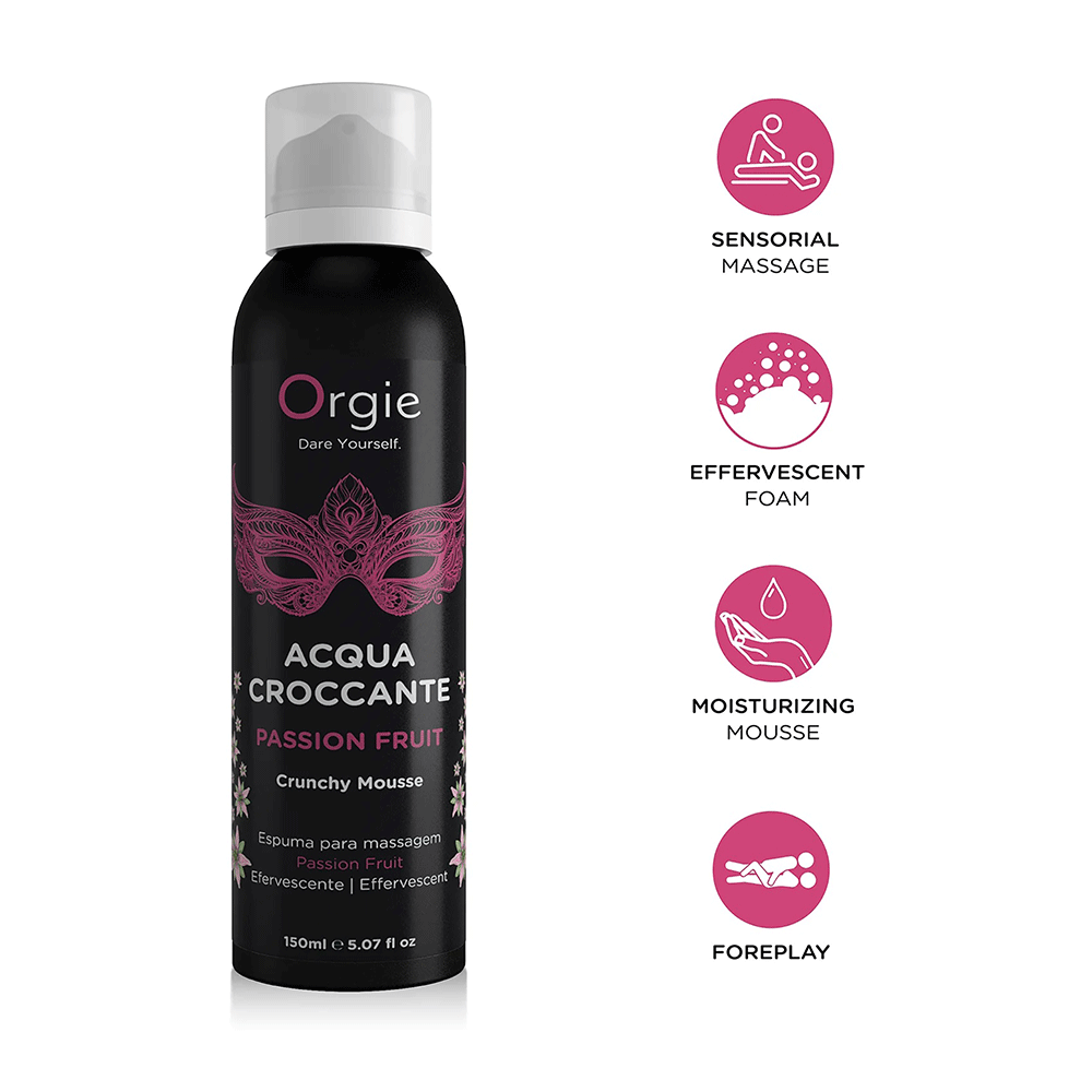 Specifikationer på Acqua Croccante Crunchy Massagemousse Passionsfrukt 150ml mot vit bakgrund.