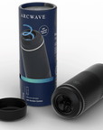 Arcwave Pow Masturbator Black mot en vit bakgrund, med förpackning och lock. 