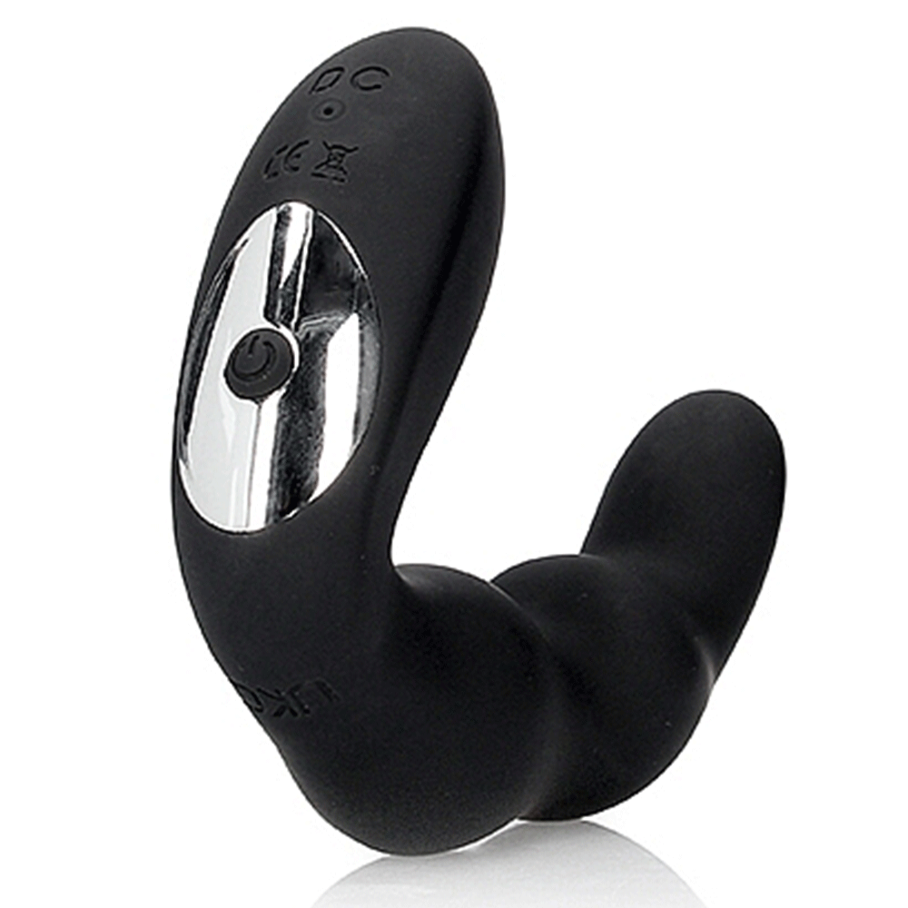 On och Off-Knappen till Bent Vibrating Prostate Massager with Remote Control. Silver och svart knapp.