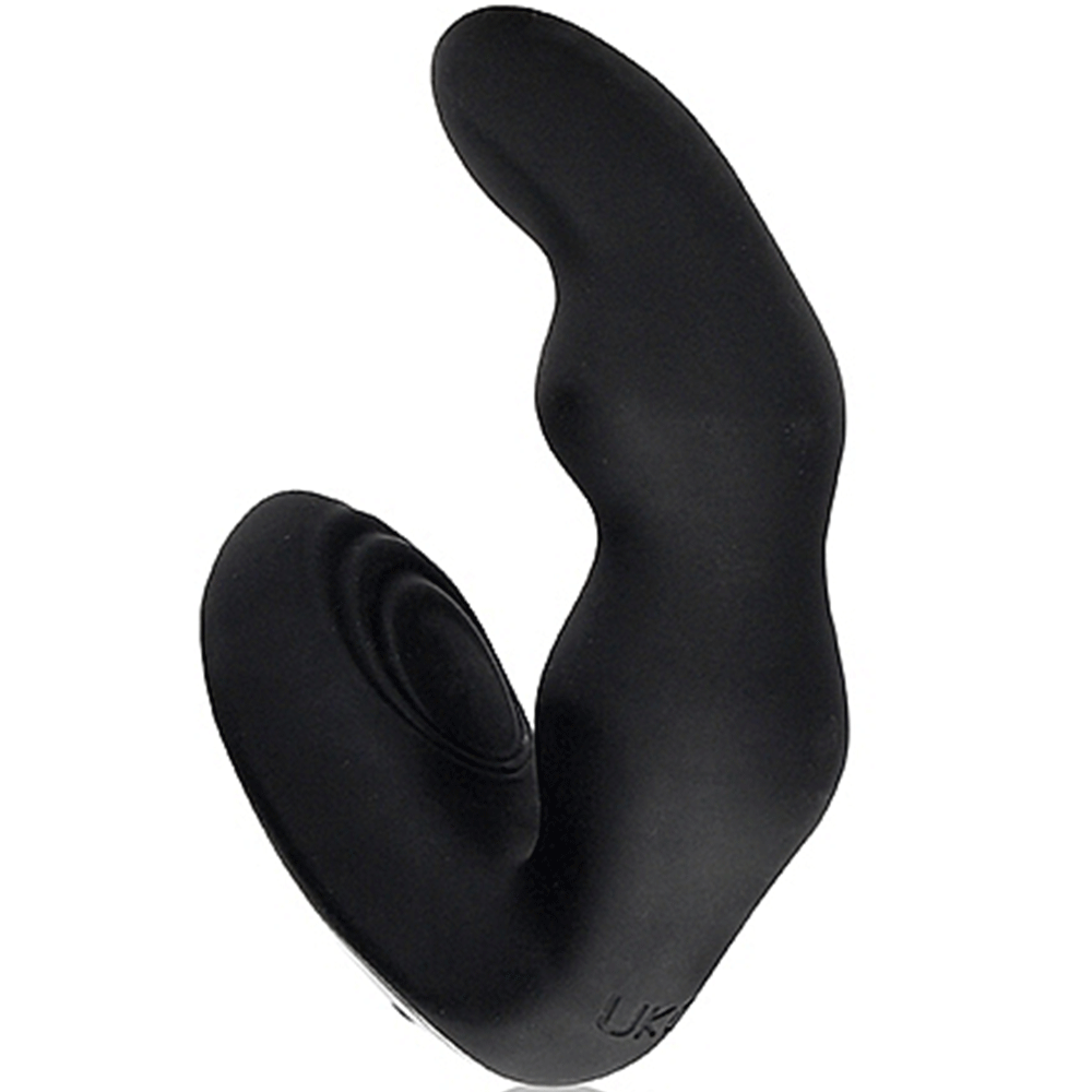 Baksidan av Bent Vibrating Prostate Massager with Remote Control. Svart produkt mot vit bakgrund.