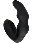 Baksidan av Bent Vibrating Prostate Massager with Remote Control. Svart produkt mot vit bakgrund.