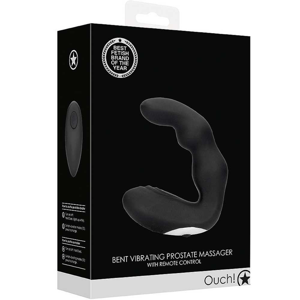 Förpackningen till Bent Vibrating Prostate Massager with Remote Control. Svart kartong med vit text.