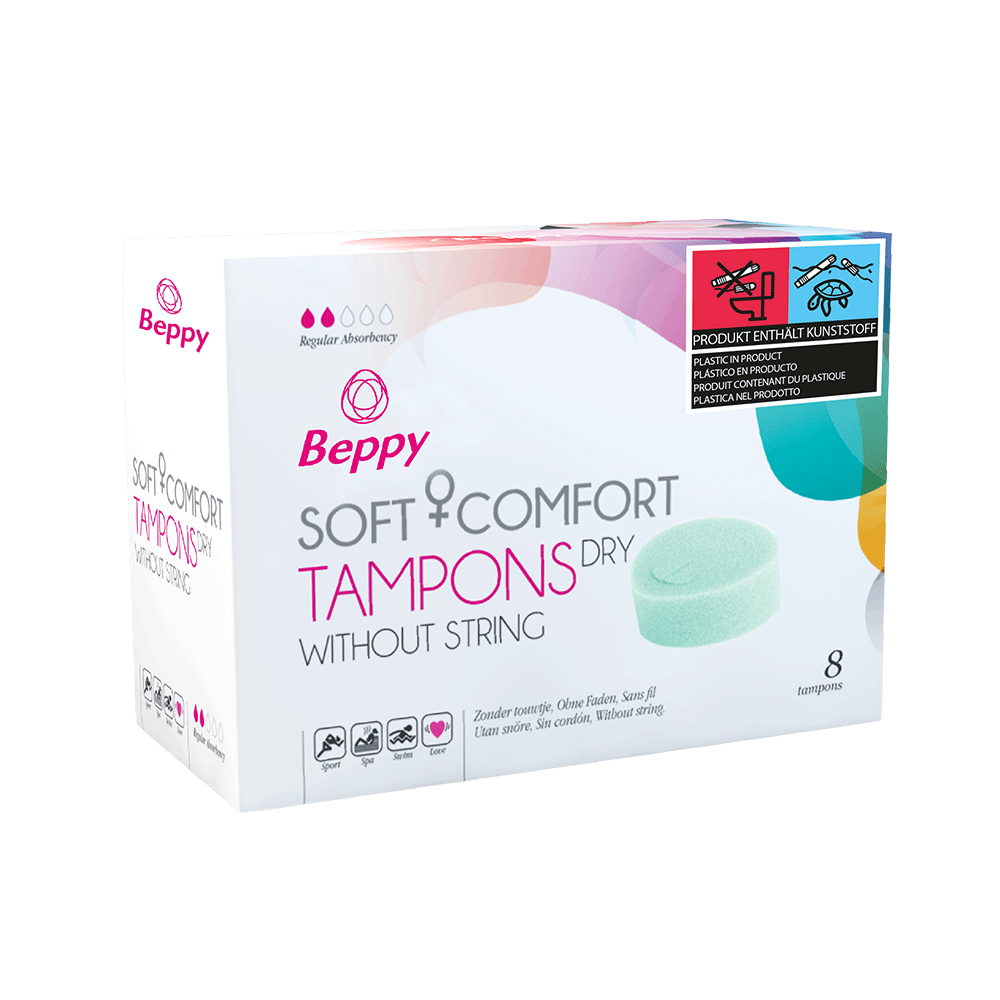 Beppy Soft Comfort Tampons Dry 8st produktförpackning mot vit bakgrund.