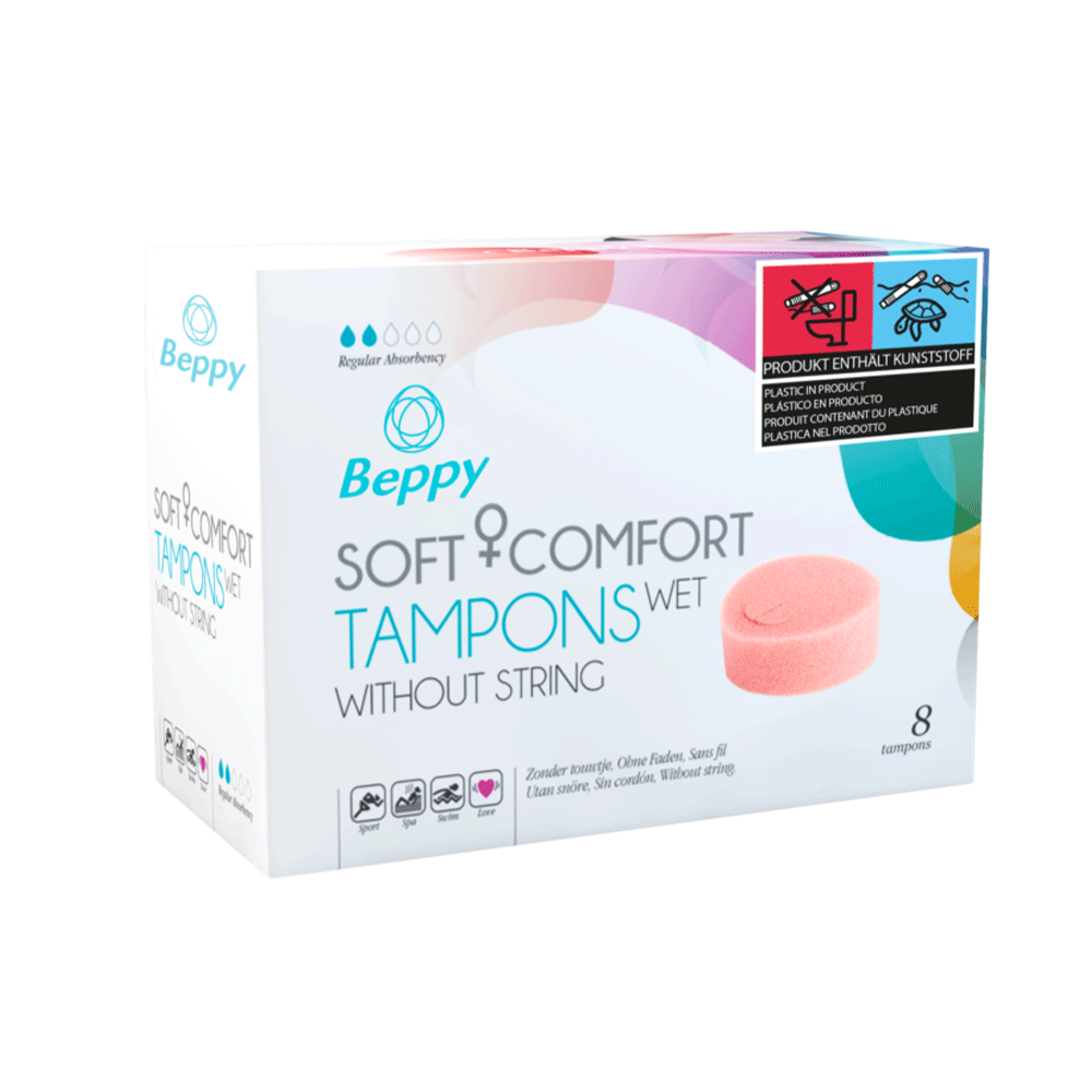 Beppy Soft Comfort Wet Tampons 8st förpackning mot vit bakgrund.