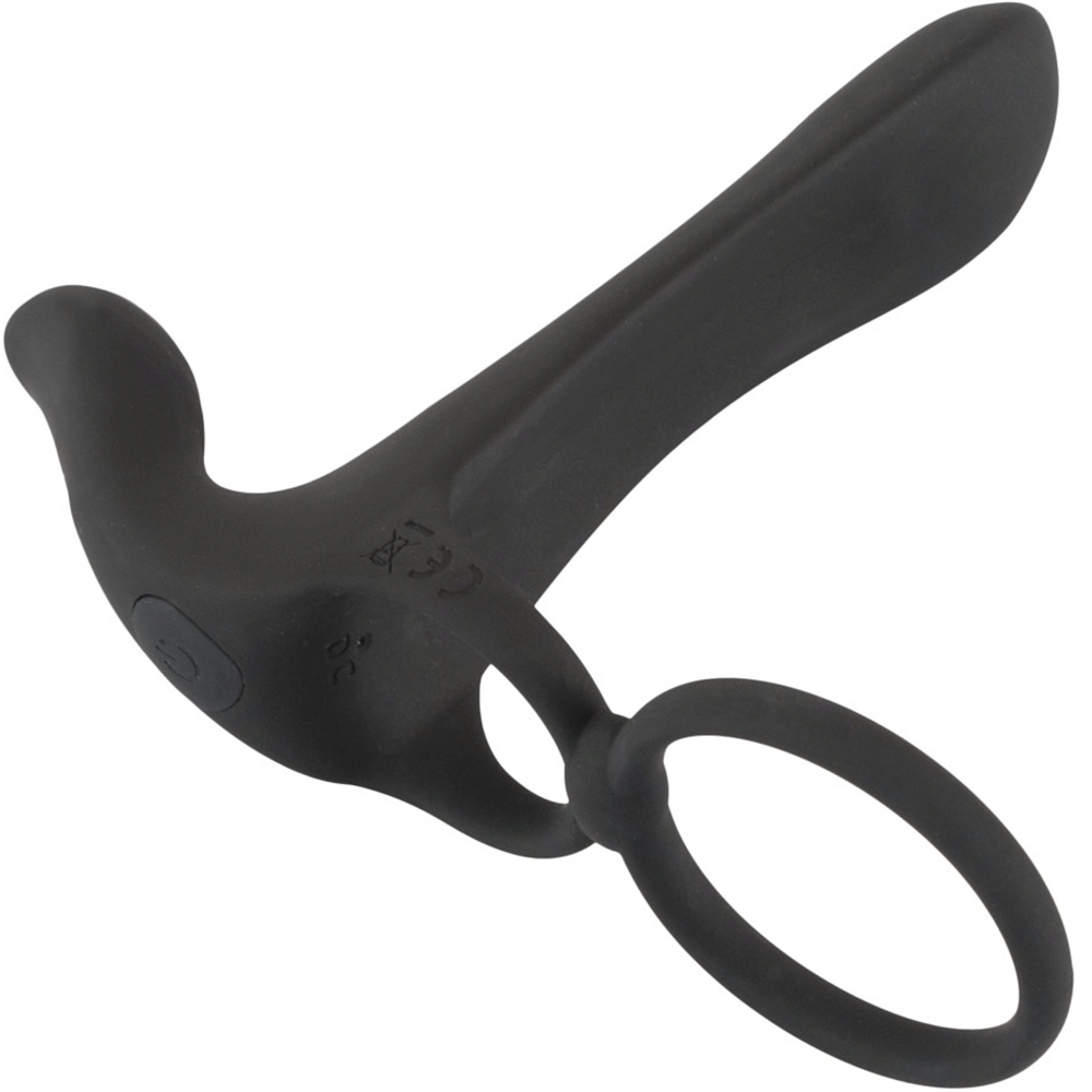 sidvy av Black Velvets Couple vibrator med ON--knapp och ring. Mot vit bakgrund.