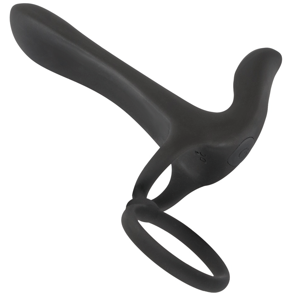 Vinkel underifrån av Black Velvets Couple vibrator. ON-knapp med infällbar ring. Vit bakgrund.