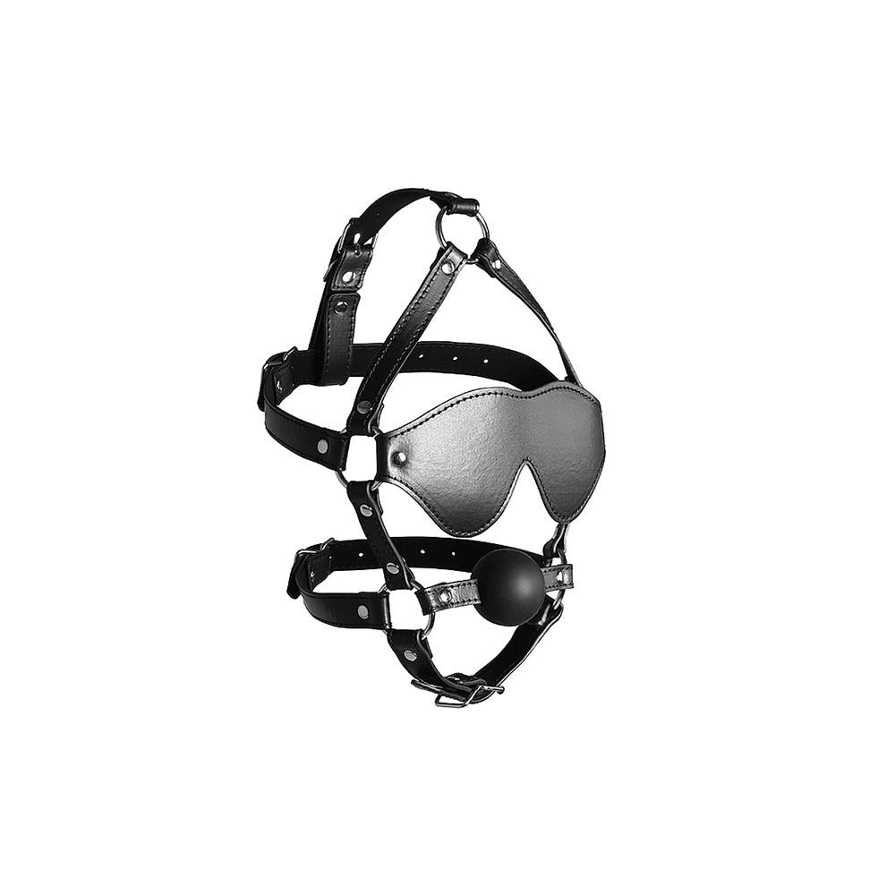 Blindfolded Head Harness with Solid Ball Gag ståendes mot vit bakgrund.