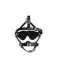 Baksida av Blindfolded Head Harness with Solid Ball Gag mot vit bakgrund.