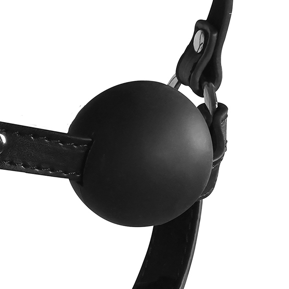 Närbild på Blindfolded Head Harness with Solid Ball Gag gagball mot vit bakgrund.