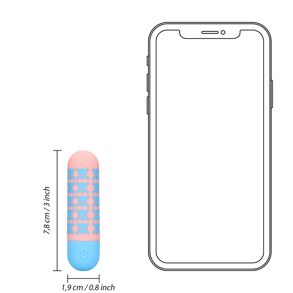 Dimensioner på Bone to be Wild Bulletvibrator i jämförelse med en smartphone mot vit bakgrund.