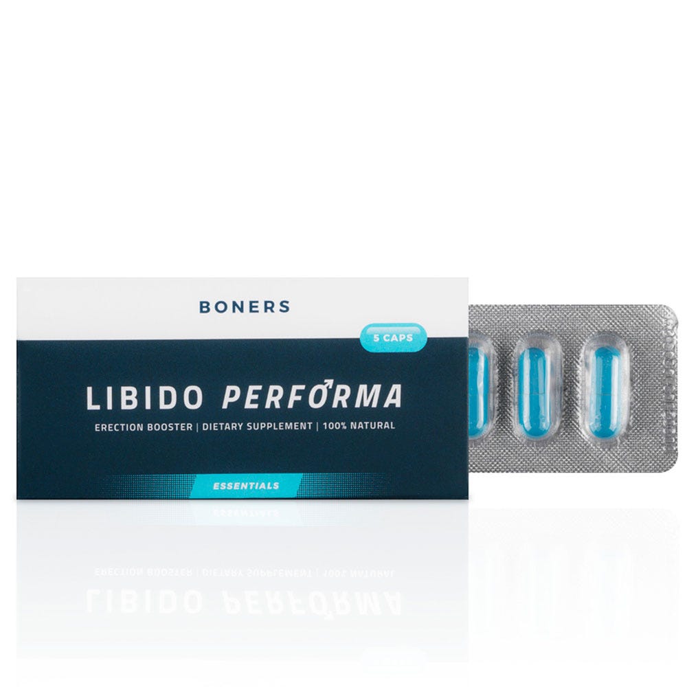 Boners Libido Performa Erection Booster och tre blåa kapslar mot vit bakgrund.