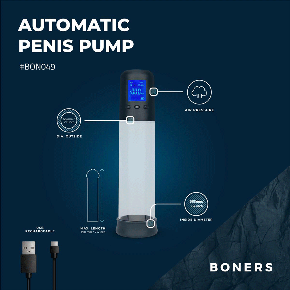 Boners Penispump with LCD Screen specifikationer mot blå bakgrund.