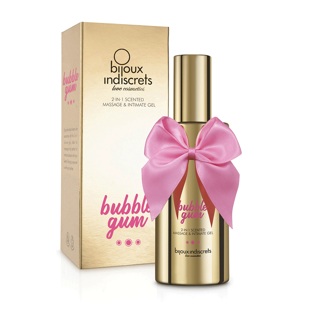 Bubblegum 2 in 1 Silicone Massage &amp; Lubrication framför produktförpackning mot vit bakgrund.