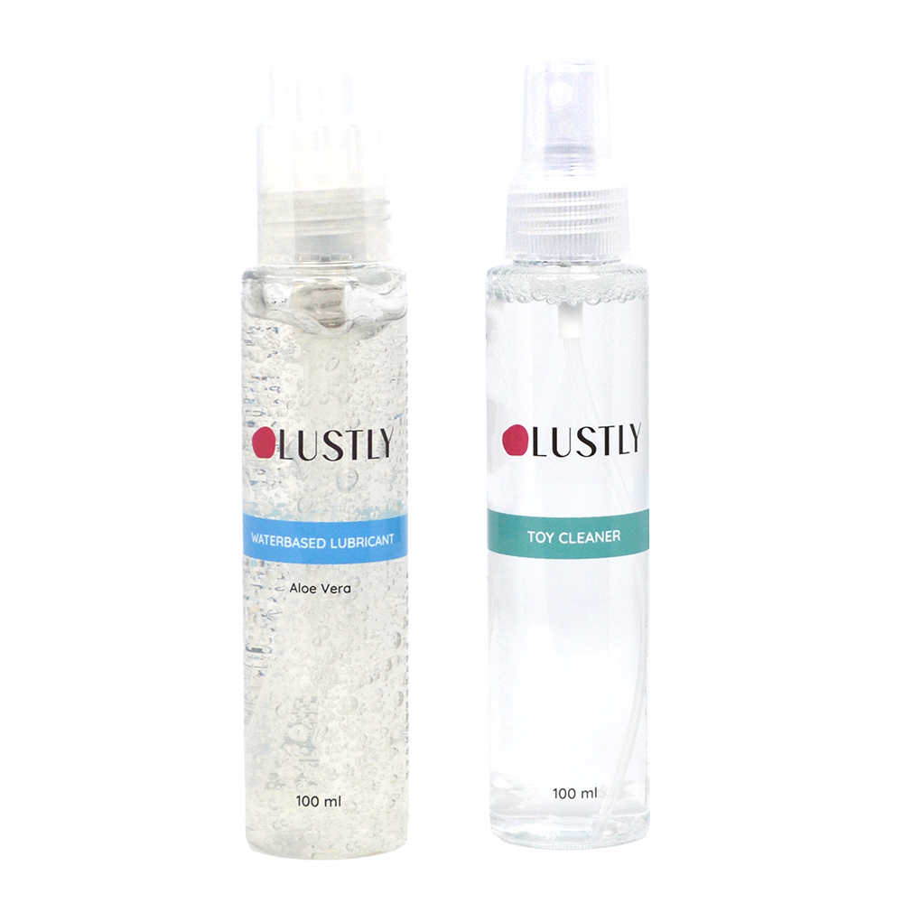 LUSTLY Glidmedel 100ml & Toy Cleaner 100ml ståendes mot vit bakgrund.