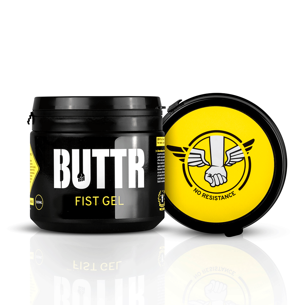 BUTTR Fisting Gel-burk med öppet lock och texten ‘No Resistance’, symboliserar maximal smidighet och komfort.