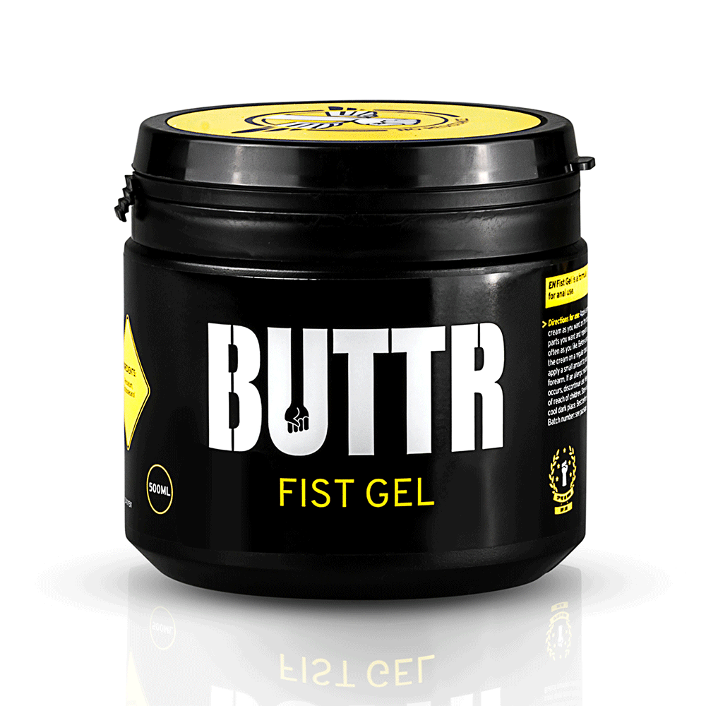 Framsidan av BUTTR Fisting Gel-burk på 500 ml, ett vattenbaserat glidmedel för fisting och analsex.