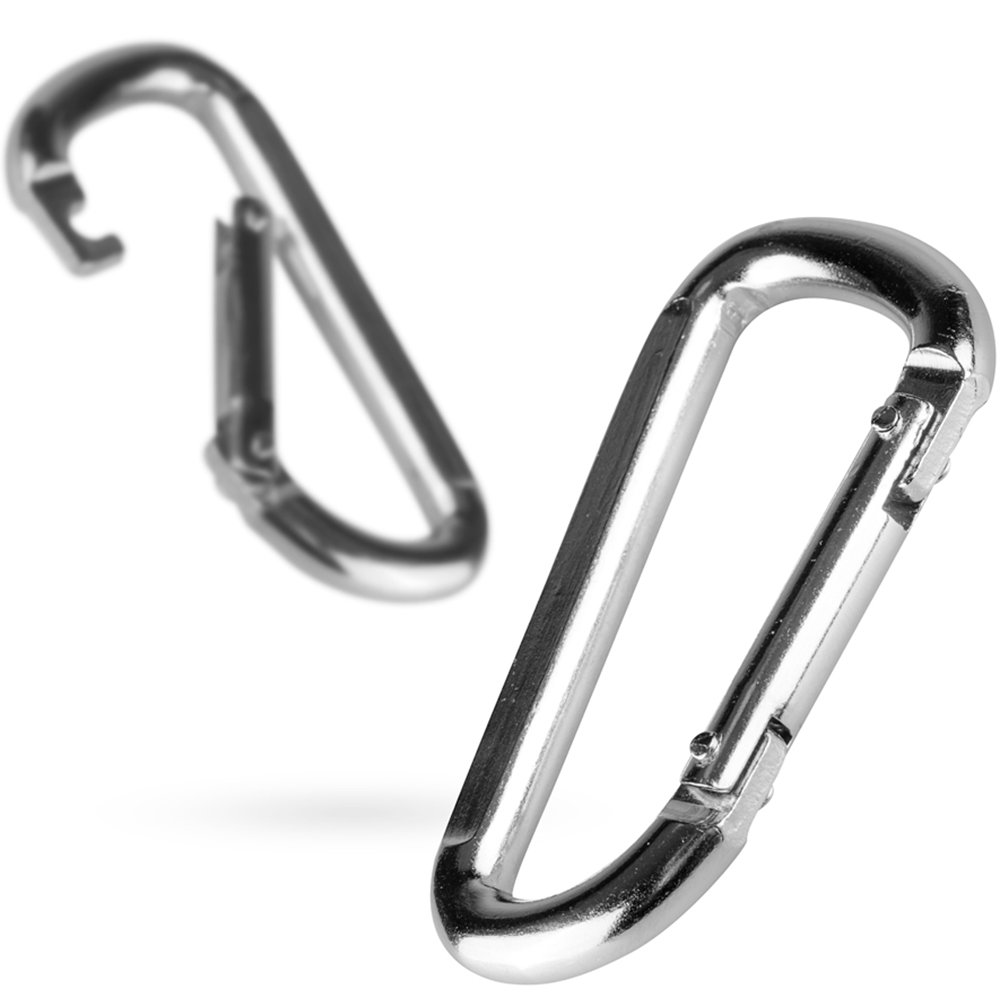 olika vinklar utav Carabiner Clip - Kabinhake för bondage. Rostfritt stål mot vit bakgrund.