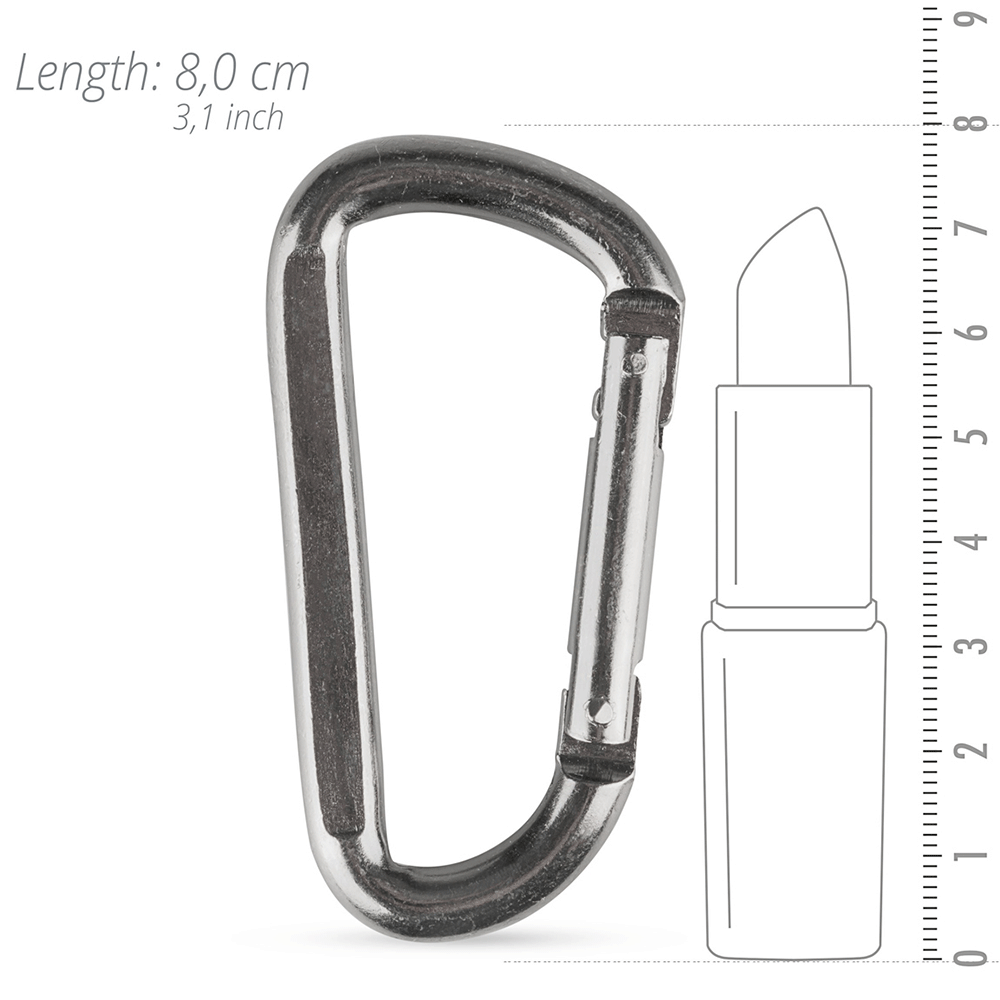 Storleksguide för Carabiner Clip - Kabinhake. Jämförs mot ett animerat läppstift och mäter ut 8 cm på en linjal.