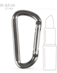 Storleksguide för Carabiner Clip - Kabinhake. Jämförs mot ett animerat läppstift och mäter ut 8 cm på en linjal.